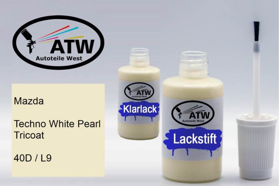 Mazda, Techno White Pearl Tricoat, 40D / L9: 20ml Lackstift + 20ml Klarlack - Set, von ATW Autoteile West.